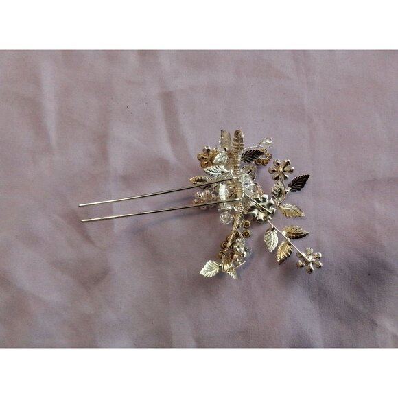 Vintage Silver Tone Flower Bridal Hairpin With Rhinestones & Leaves Formal - Picture 2 of 2